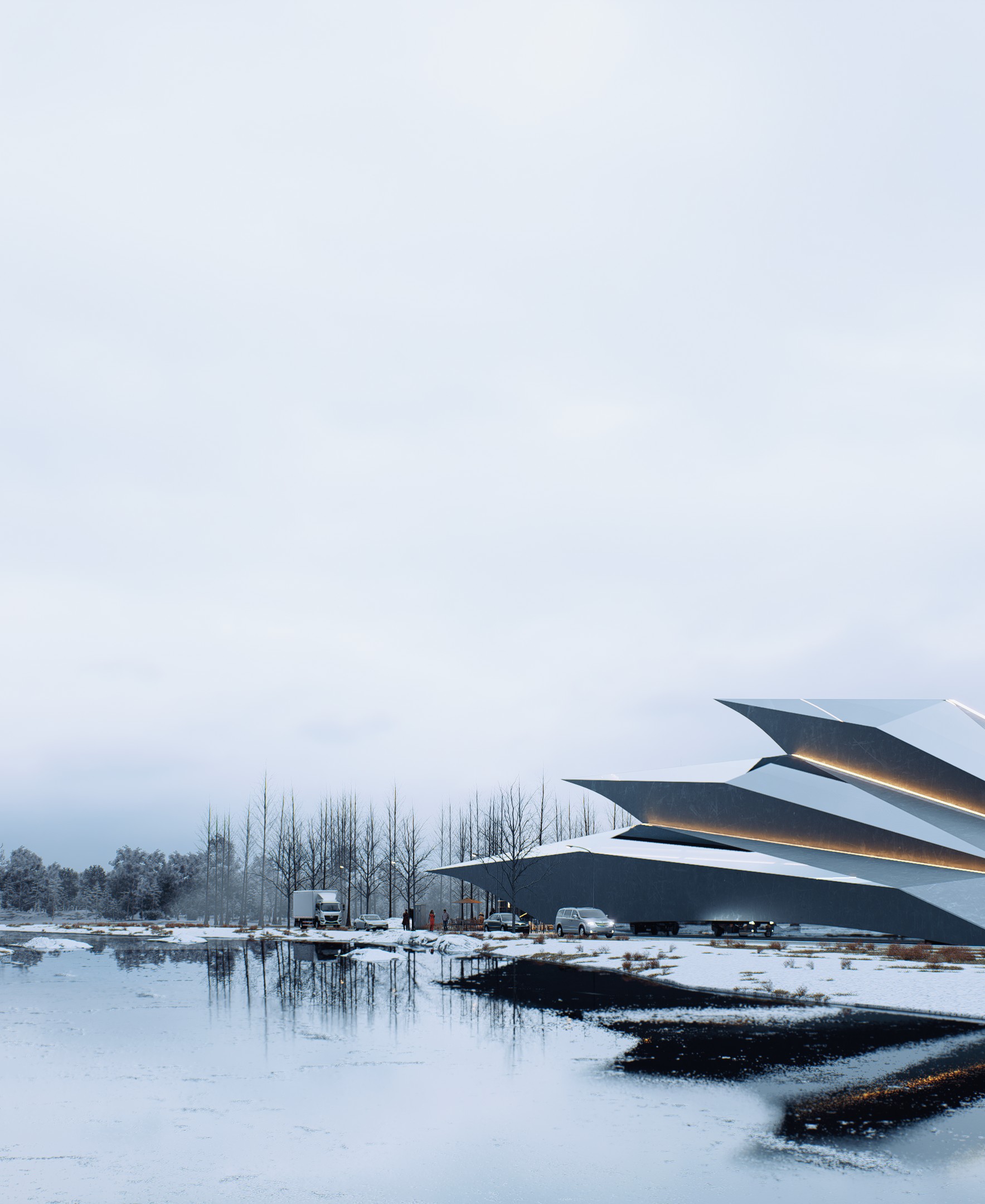 Angular pavilion, warm interior light, and reflections on still water.
