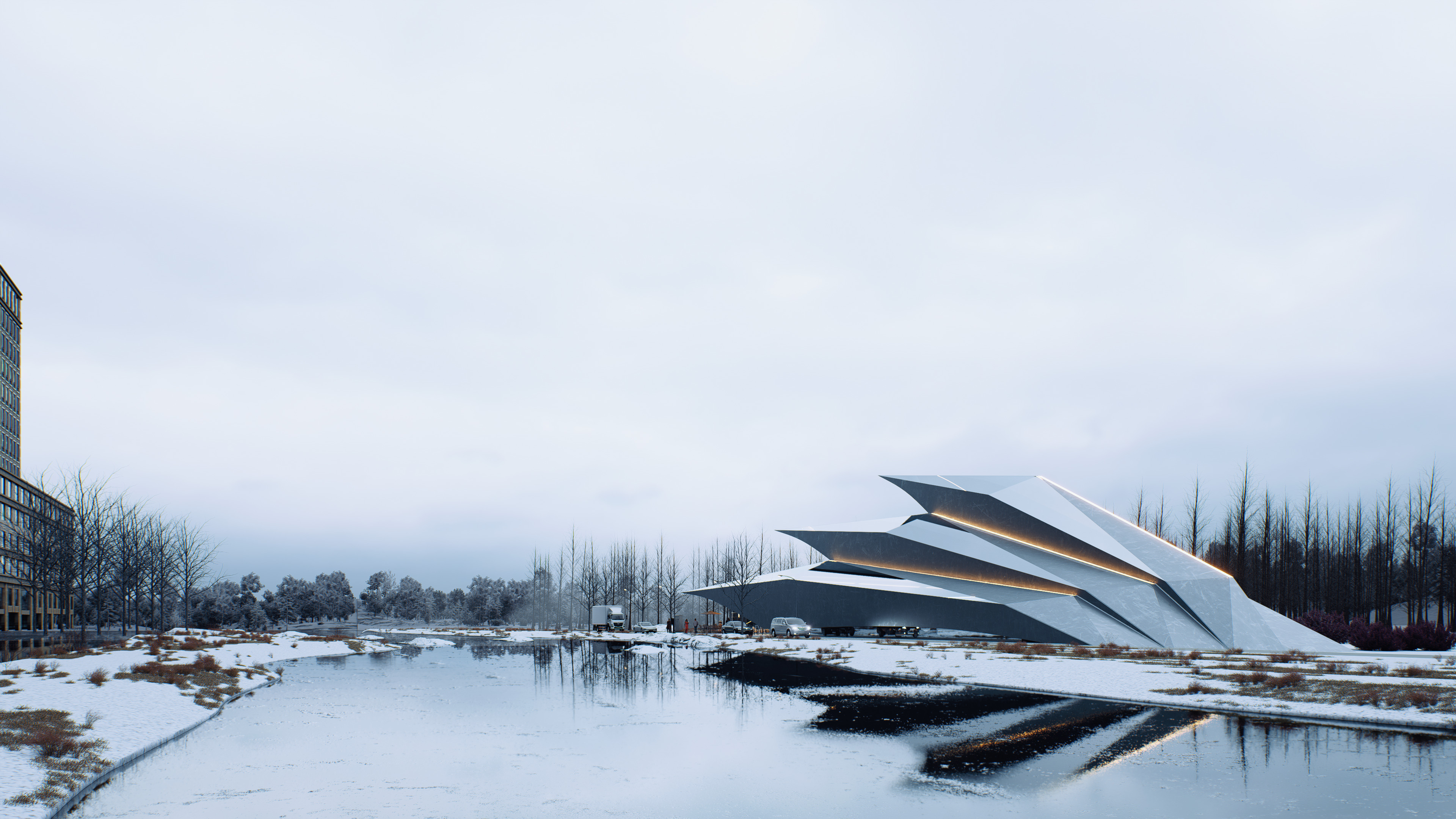Angular pavilion reflected in a winter landscape.